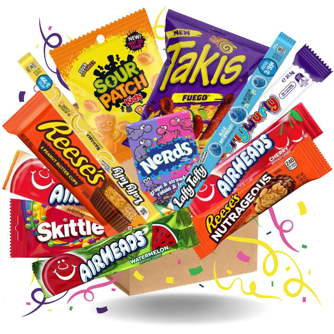 Amerikanische Snackbox mit Süßigkeiten, Chips und Getränken - Geschenkbox für echtes US-Feeling: Geschmack der USA!