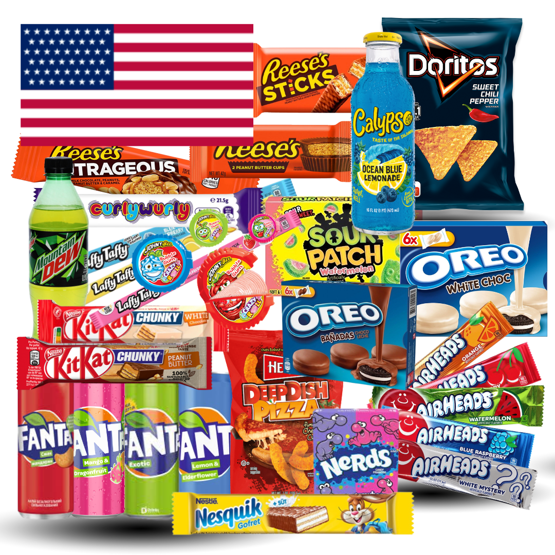 Amerika Snack Box | Bestseller aus den USA | Süßigkeiten Top Marken Chips, Snacks, Schokolade, Softdrinks | Geschenkeset